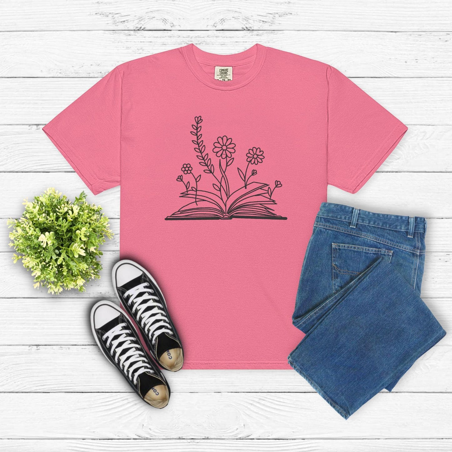 Open Book Wildflower Embroidered Shirt – Floral Book Lover Tee – Reading Garden Shirt – Literary Aesthetic Gift for Women & Teachers