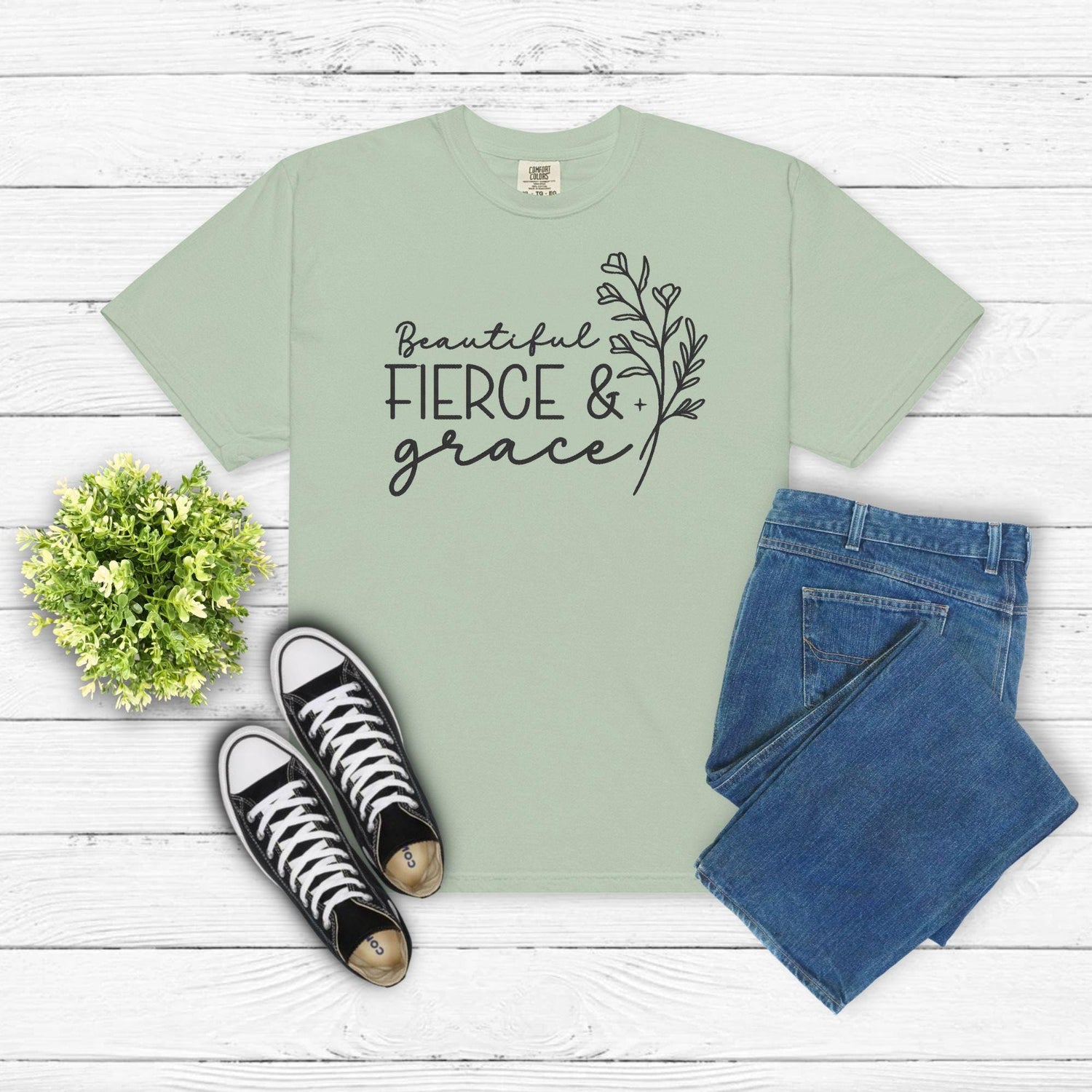 Beautiful, Fierce & Grace Embroidered Shirt – Inspirational Quote Tee for Women – Faith-Based Empowerment Shirt – Minimalist Floral Design