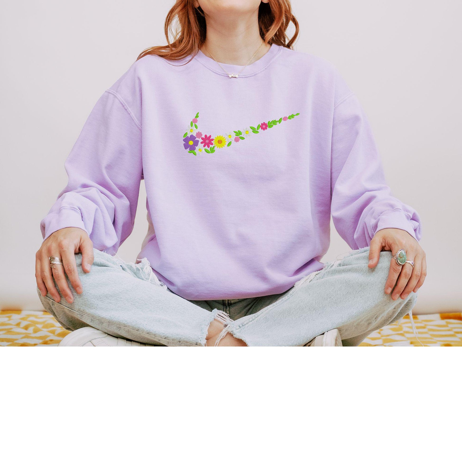 Floral Swoosh Embroidered Sweatshirt – Full Chest Colorful Flower Design – Lilac Crewneck for Spring, Garden Girls & Soft Aesthetic