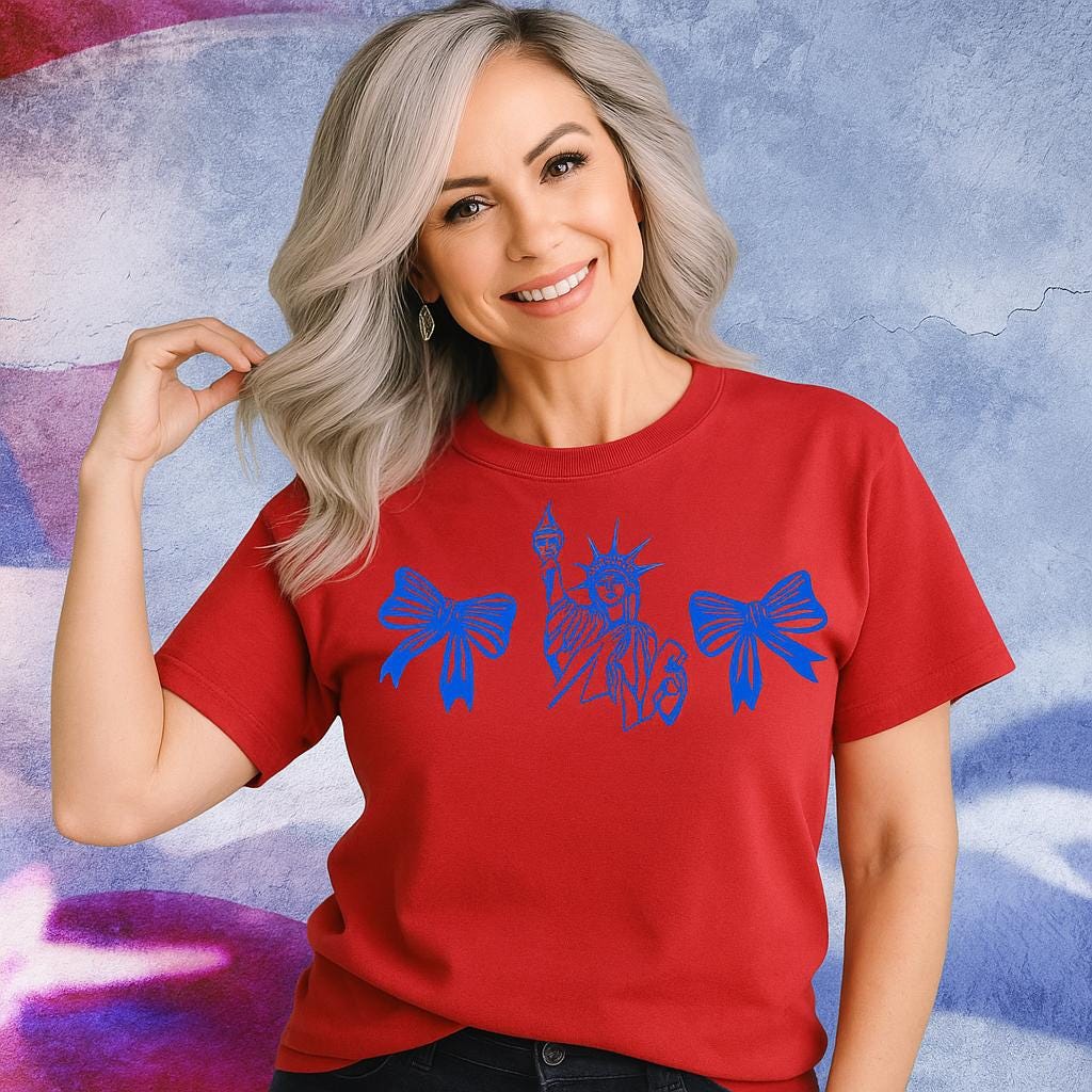 Liberty Bow Embroidered Shirt, Comfort Colors Tee USA, Custom Thread, Patriotic 4th of July Top, America Shirt Women’s Summer, Coquette USA