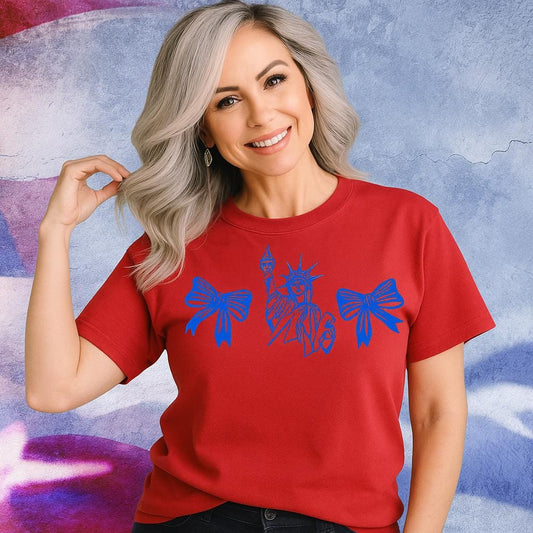 Liberty Bow Embroidered Shirt, Comfort Colors Tee USA, Custom Thread, Patriotic 4th of July Top, America Shirt Women’s Summer, Coquette USA