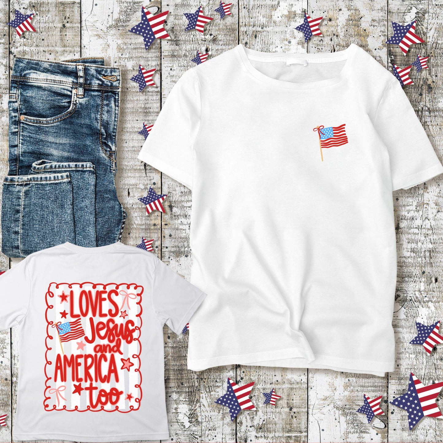 Loves Jesus and America Too Shirt - Patriotic Christian Tee - Faith and Freedom Apparel - 4th of July Graphic T-Shirt - USA Flag Shirt
