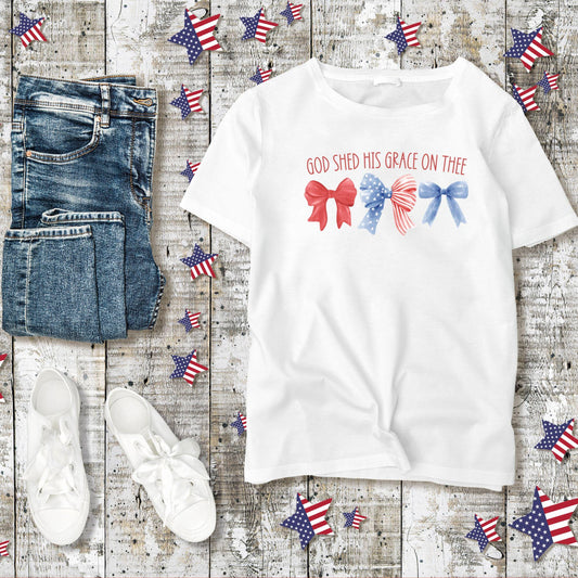 God Shed His Grace on Thee Shirt - Patriotic Bow Graphic Tee - Christian 4th of July Shirt - Red White and Blue T-Shirt - Faith USA Shirt