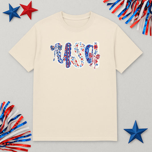 USA Floral Graphic Shirt -Red White and Blue Bow Tee - Patriotic 4th of July Shirt - Soft Comfort Colors Summer T-Shirt - American Pride Tee