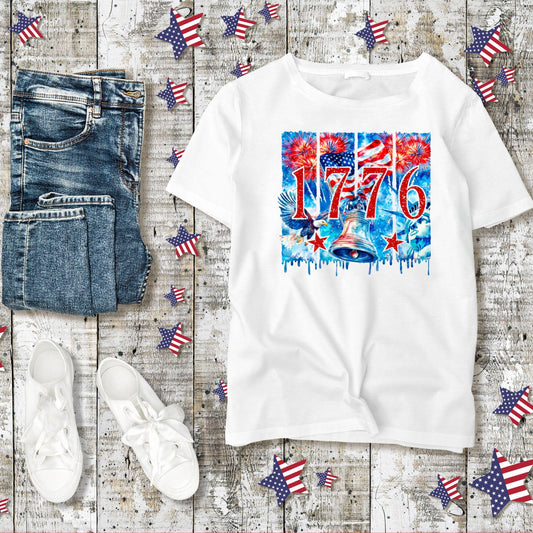 1776 Patriotic Graphic Tee - Liberty Bell 4th of July Shirt - Independence Day T-Shirt - Fireworks Freedom Tee -Red White Blue USA Tee