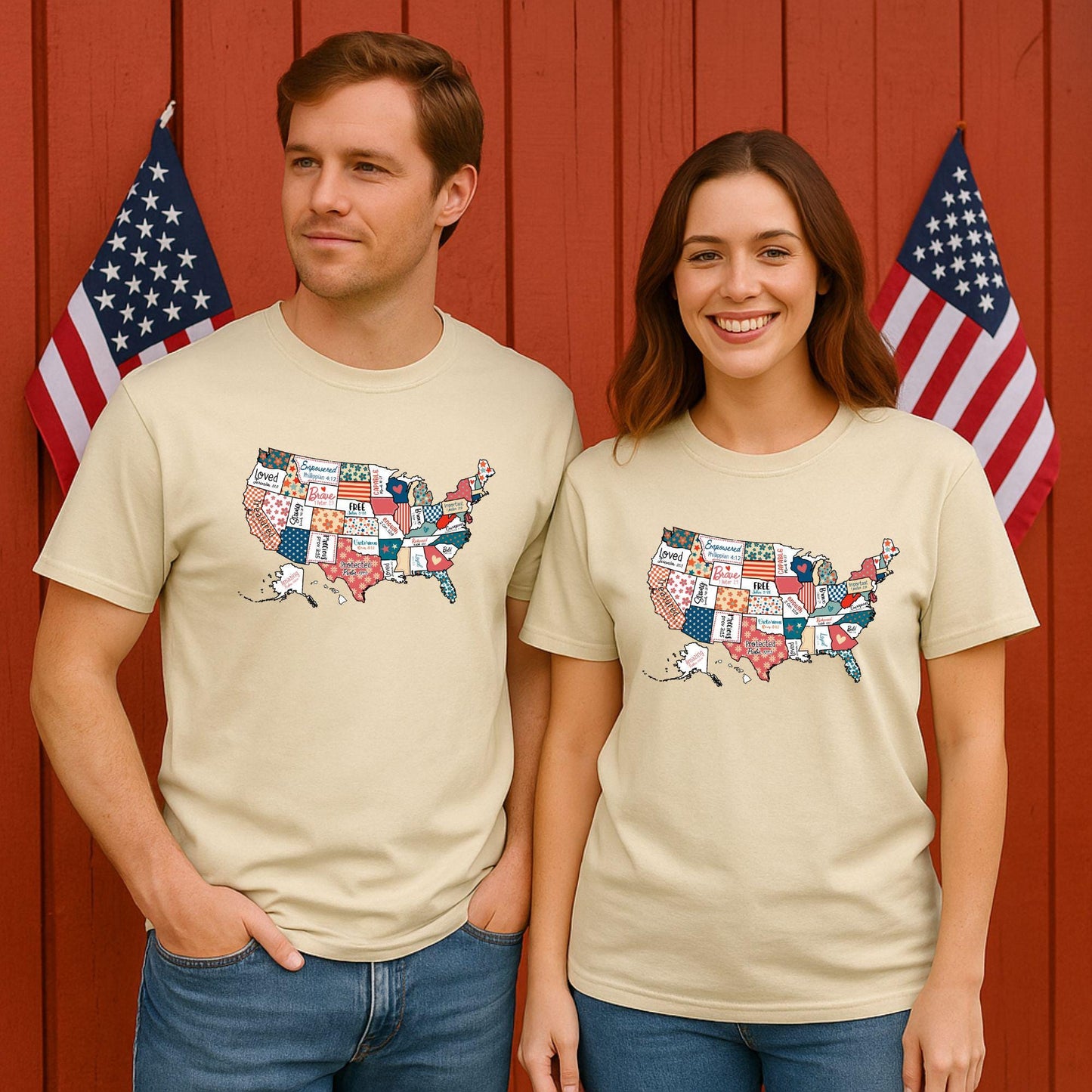 Patchwork USA Map Tee - Vintage Americana Graphic T-Shirt - 4th of July Shirt - Patriotic State Quilt Map Tee - Red White & Blue USA Shirt