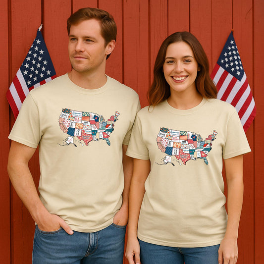 Patchwork USA Map Tee - Vintage Americana Graphic T-Shirt - 4th of July Shirt - Patriotic State Quilt Map Tee - Red White & Blue USA Shirt