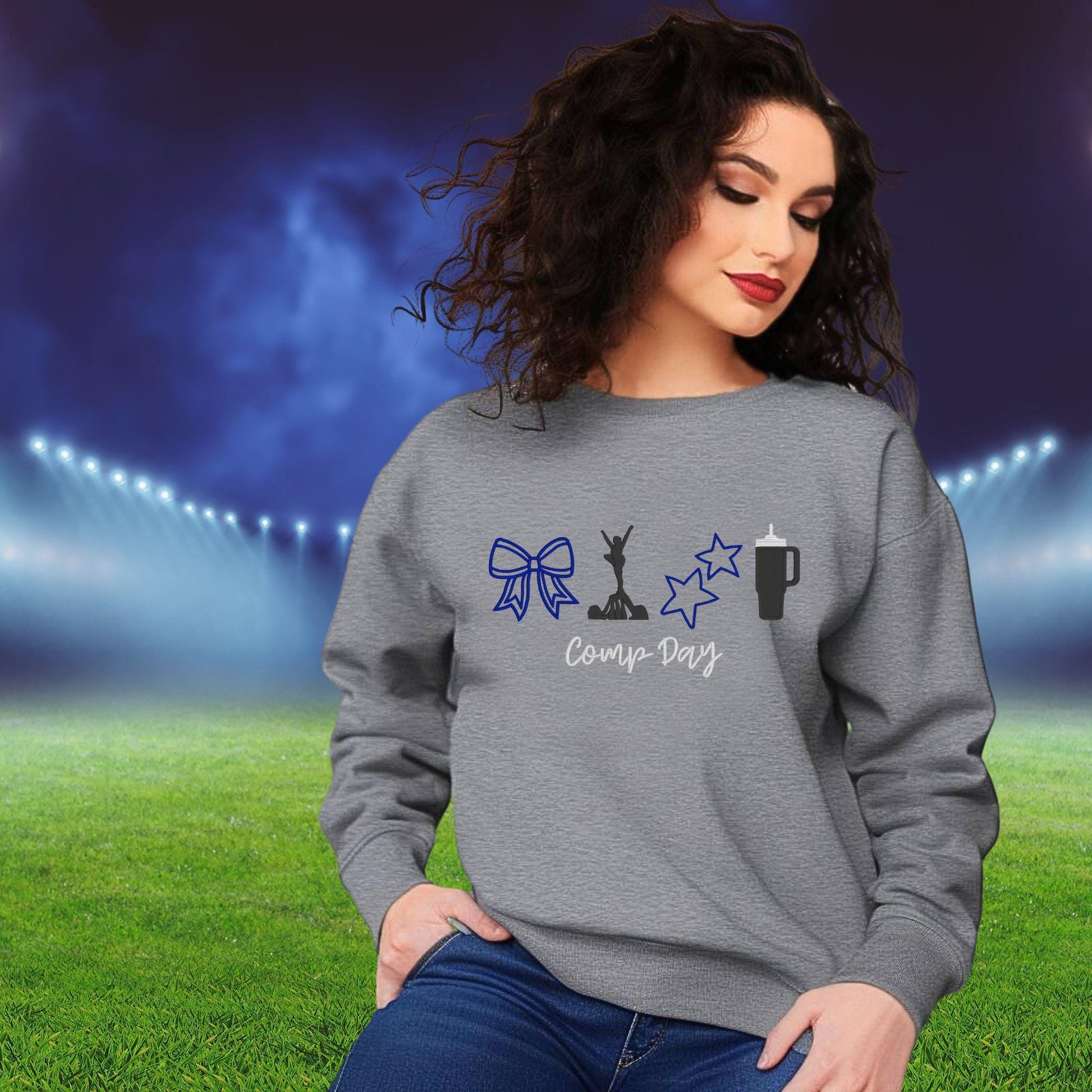 Cheer Comp Day Embroidered Sweatshirt – Bow, Trophy, Star & Tumbler Icons – Cheerleader Competition Day Pullover – Cheer Mom or Athlete Gift