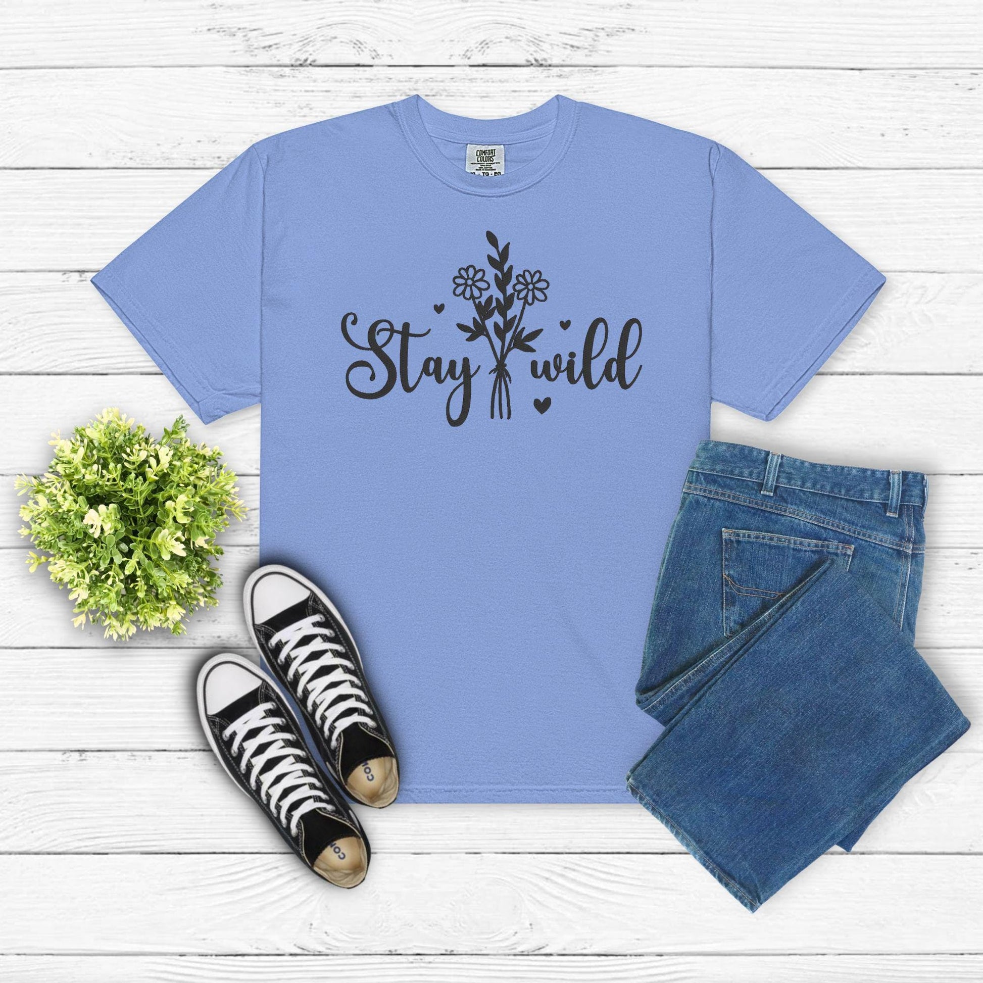 Stay Wild Embroidered Shirt – Boho Nature-Inspired Tee – Cottage core Wildflower Graphic – Empowering Aesthetic Apparel for Women