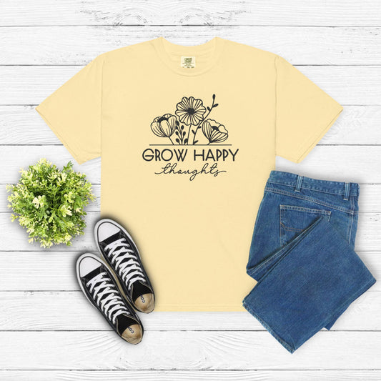 Grow Happy Thoughts Embroidered Shirt – Floral Positivity Tee – Mental Health Awareness Gift – Boho Garden Embroidery Shirt