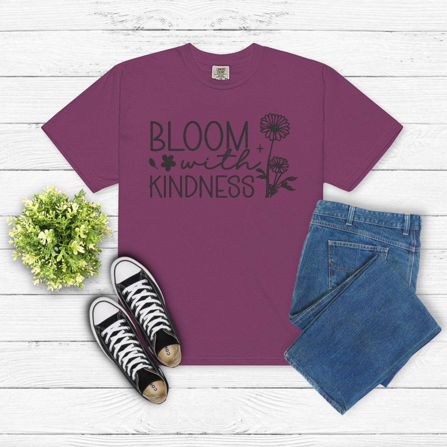 Bloom with Kindness Embroidered T-Shirt – Inspirational Floral Shirt – Positive Message Tee –Mental Health Awareness Gift – Garden Lover Tee
