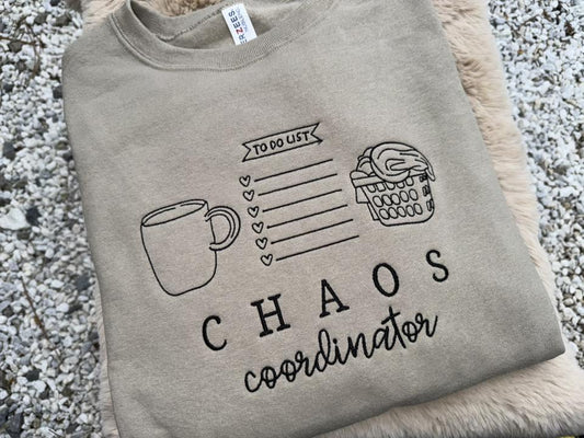 Chaos Coordinator Embroidered Shirt – Funny Mom Life Tee – To-Do List Design with Coffee & Laundry – Gift for Moms, Teachers, or Bosses