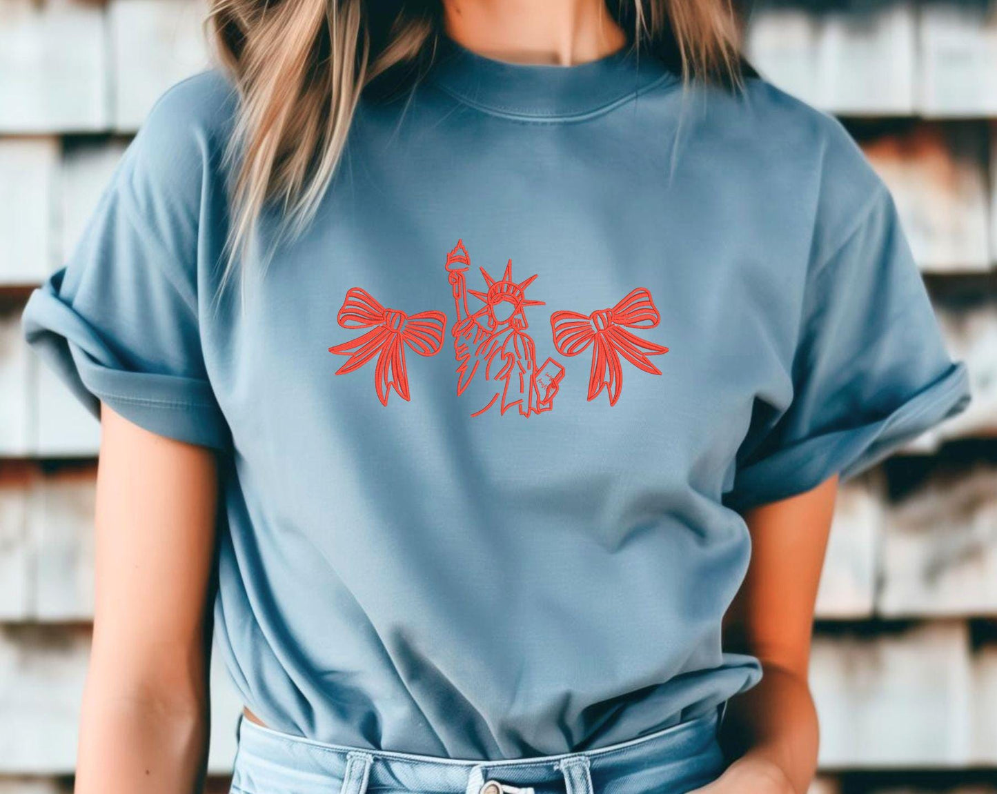 Liberty Bow Embroidered Shirt, Comfort Colors Tee USA, Custom Thread, Patriotic 4th of July Top, America Shirt Women’s Summer, Coquette USA