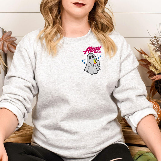Cozy Ghost Embroidered Sweatshirt – Cute Halloween Pullover with Drink – Fall Autumn Spirit Crewneck – Spooky Season Embroidery Shirt
