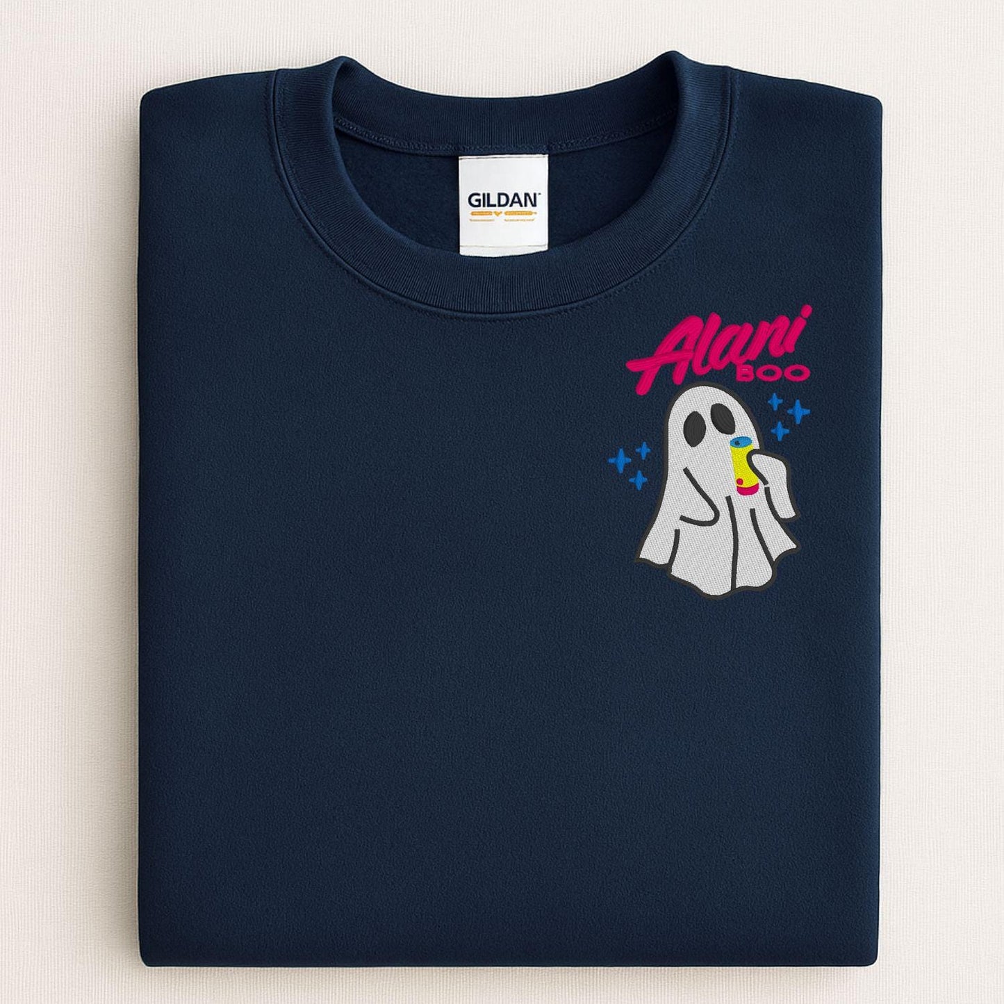 Cozy Ghost Embroidered Sweatshirt – Cute Halloween Pullover with Drink – Fall Autumn Spirit Crewneck – Spooky Season Embroidery Shirt