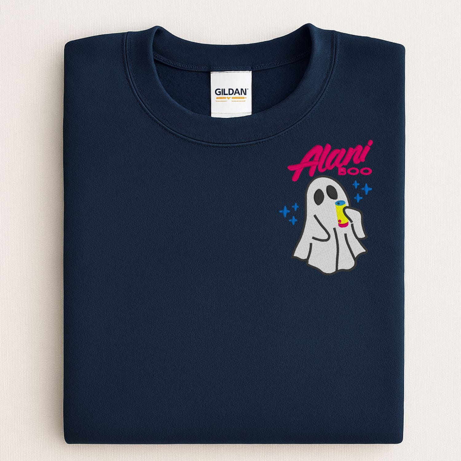 Cozy Ghost Embroidered Sweatshirt – Cute Halloween Pullover with Drink – Fall Autumn Spirit Crewneck – Spooky Season Embroidery Shirt