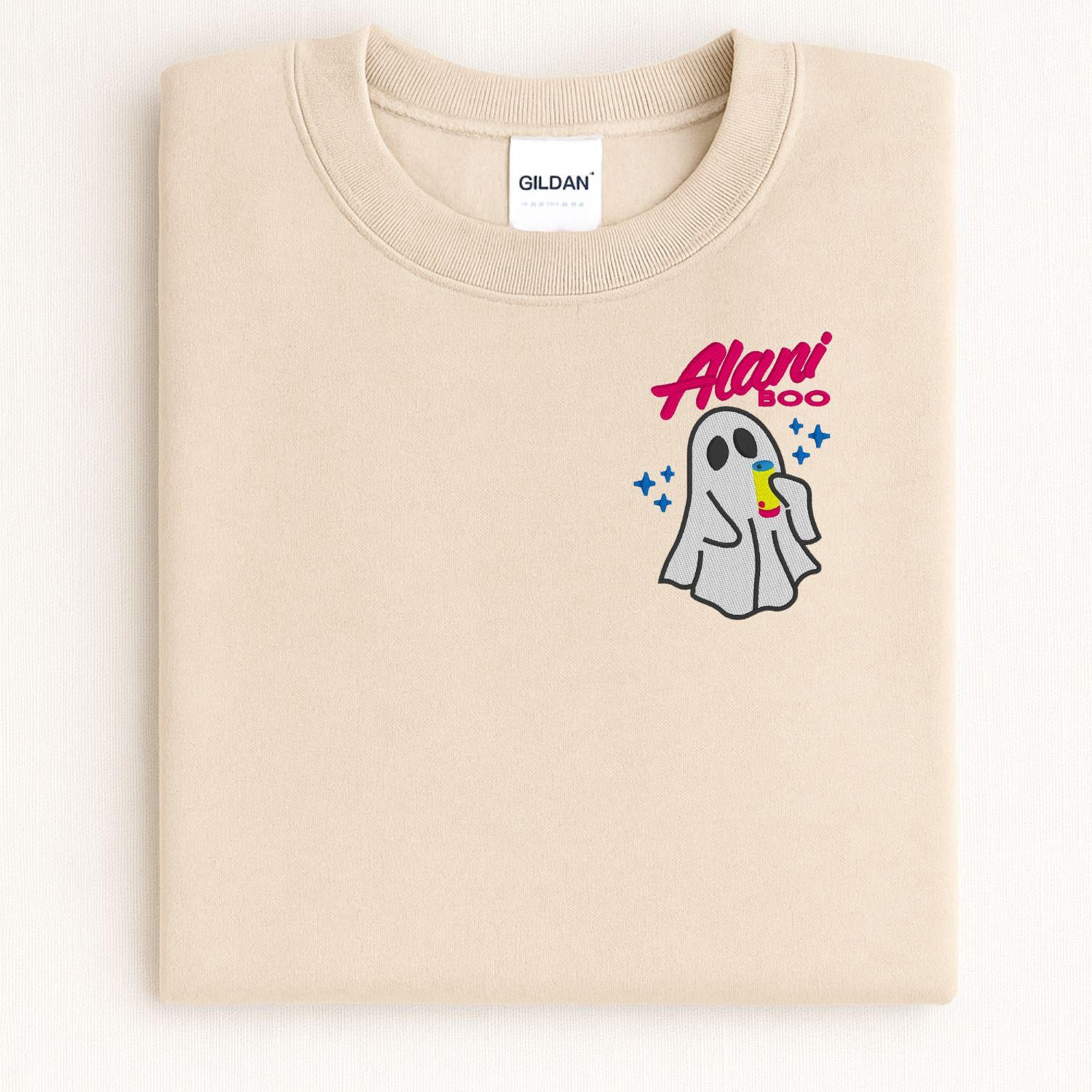 Cozy Ghost Embroidered Sweatshirt – Cute Halloween Pullover with Drink – Fall Autumn Spirit Crewneck – Spooky Season Embroidery Shirt