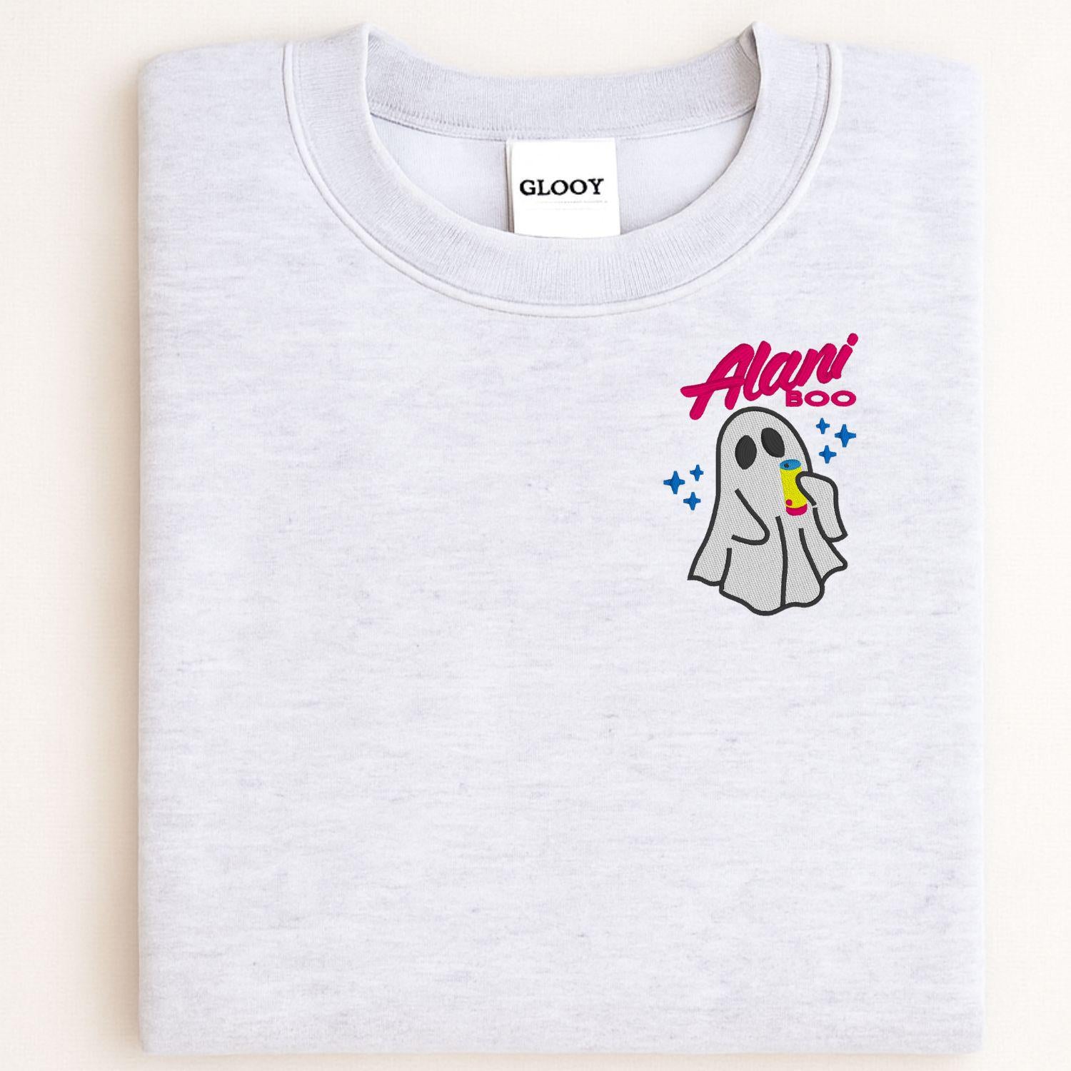 Cozy Ghost Embroidered Sweatshirt – Cute Halloween Pullover with Drink – Fall Autumn Spirit Crewneck – Spooky Season Embroidery Shirt