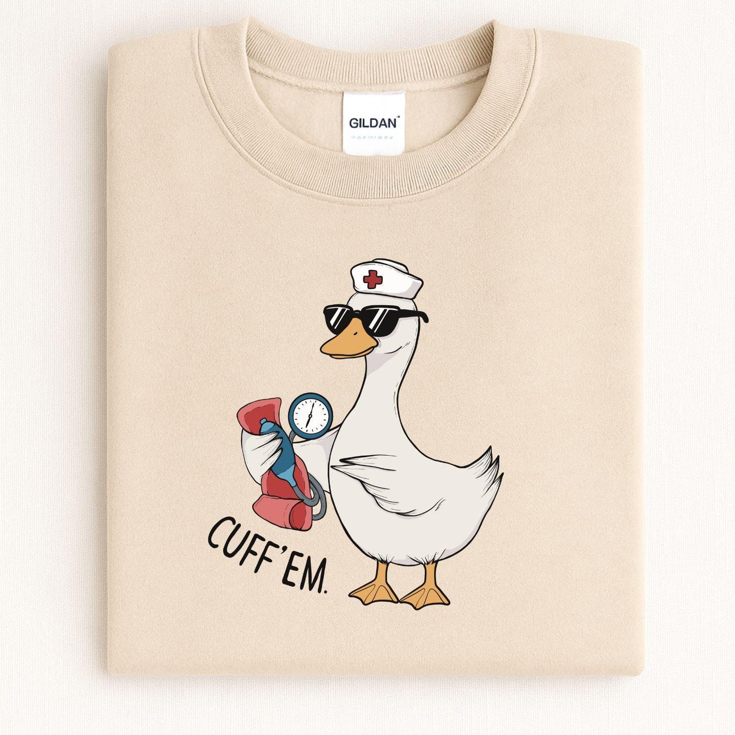 Funny Nurse Goose Sweatshirt, Cute Medical Animal Graphic, Healthcare Worker Gift, Goose in Sunglasses with Blood Pressure Cuff, Trendy MA