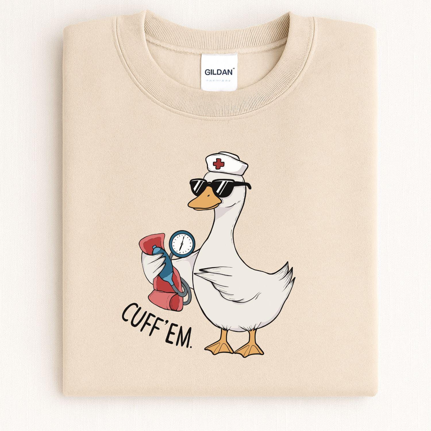 Funny Nurse Goose Sweatshirt, Cute Medical Animal Graphic, Healthcare Worker Gift, Goose in Sunglasses with Blood Pressure Cuff, Trendy MA