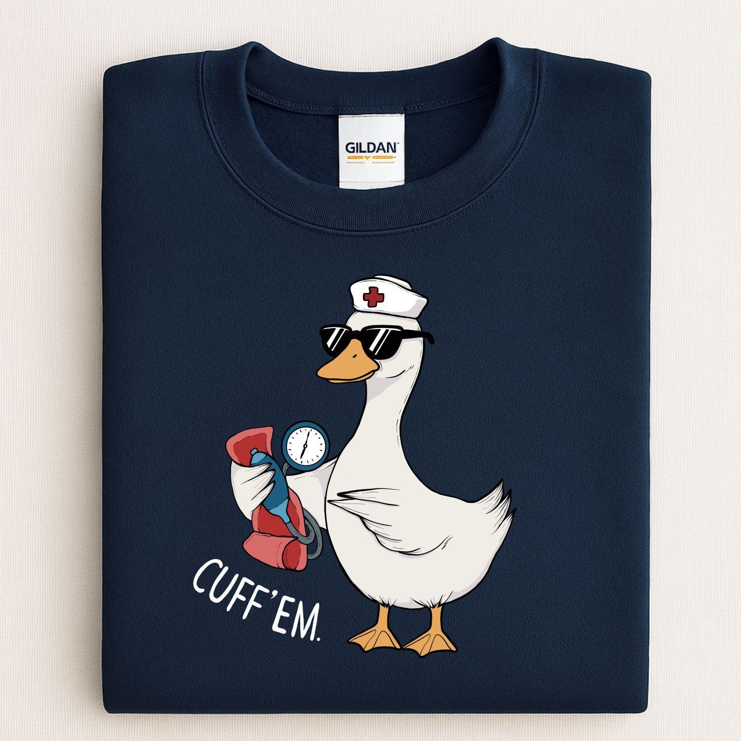 Funny Nurse Goose Sweatshirt, Cute Medical Animal Graphic, Healthcare Worker Gift, Goose in Sunglasses with Blood Pressure Cuff, Trendy MA
