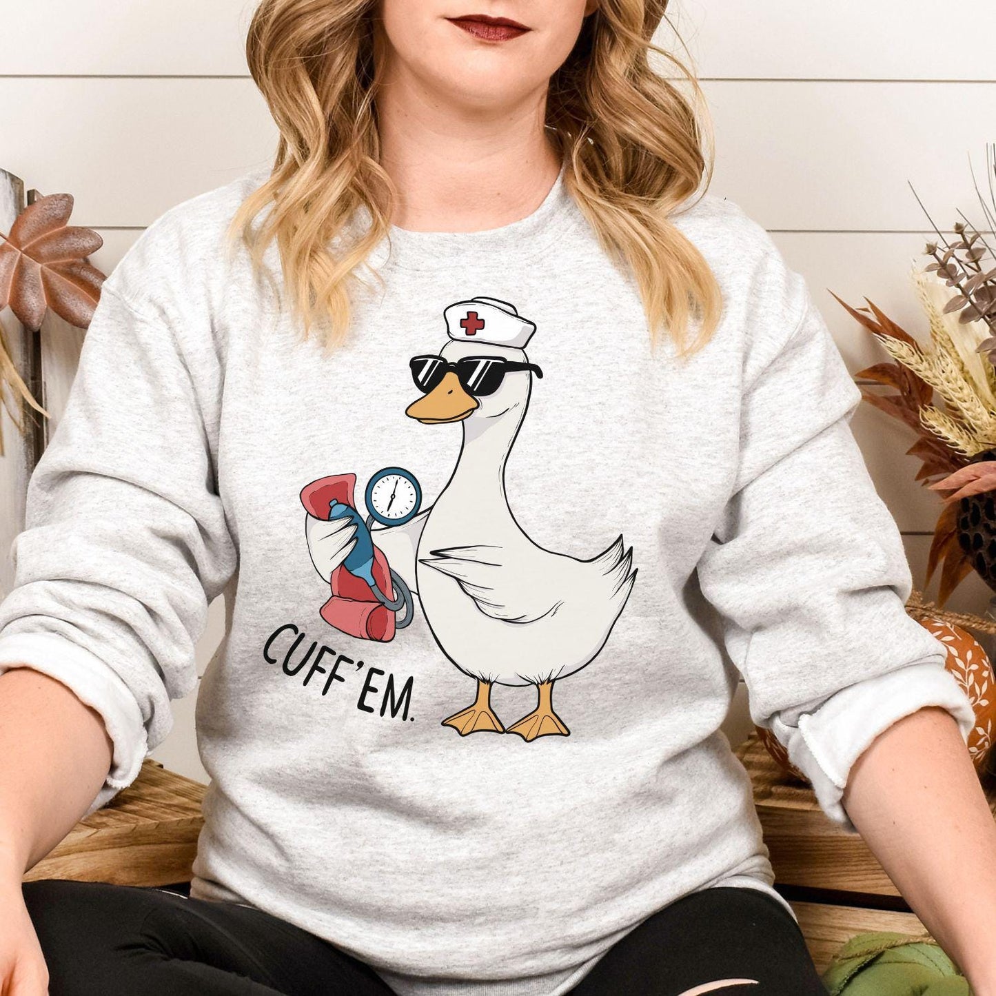 Funny Nurse Goose Sweatshirt, Cute Medical Animal Graphic, Healthcare Worker Gift, Goose in Sunglasses with Blood Pressure Cuff, Trendy MA