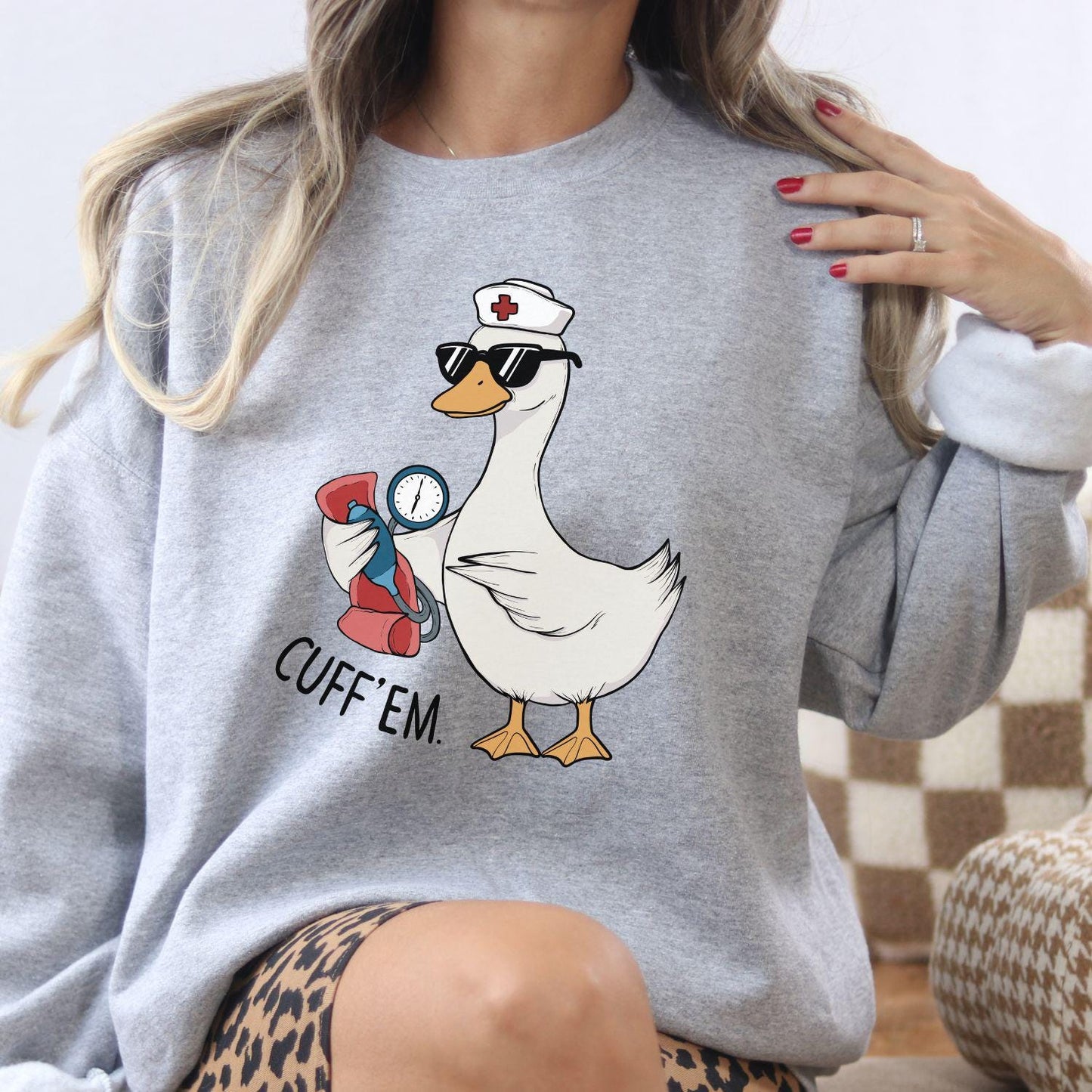 Funny Nurse Goose Sweatshirt, Cute Medical Animal Graphic, Healthcare Worker Gift, Goose in Sunglasses with Blood Pressure Cuff, Trendy MA