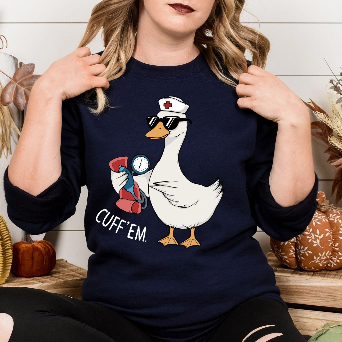 Funny Nurse Goose Sweatshirt, Cute Medical Animal Graphic, Healthcare Worker Gift, Goose in Sunglasses with Blood Pressure Cuff, Trendy MA