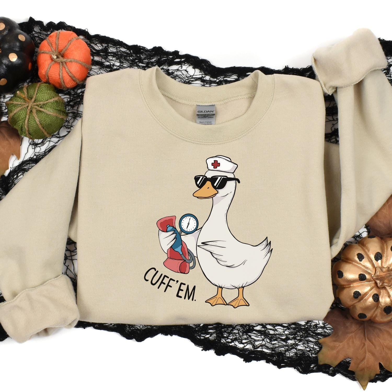 Funny Nurse Goose Sweatshirt, Cute Medical Animal Graphic, Healthcare Worker Gift, Goose in Sunglasses with Blood Pressure Cuff, Trendy MA