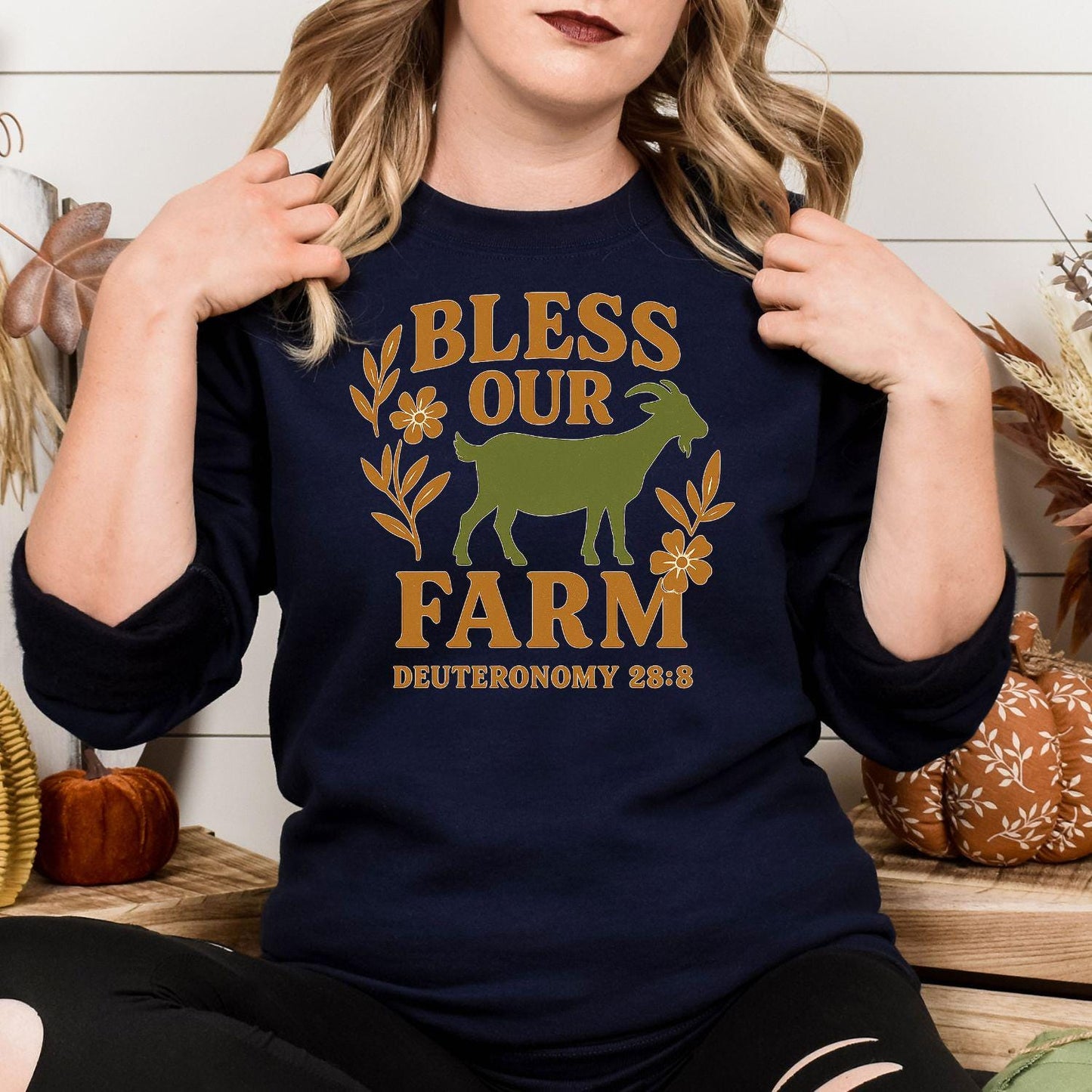 Bless Our Farm Sweatshirt | Rustic Goat and Floral Christian Pullover | Faith-Based Country Living Apparel, Goat farm shirt, Womens goat top