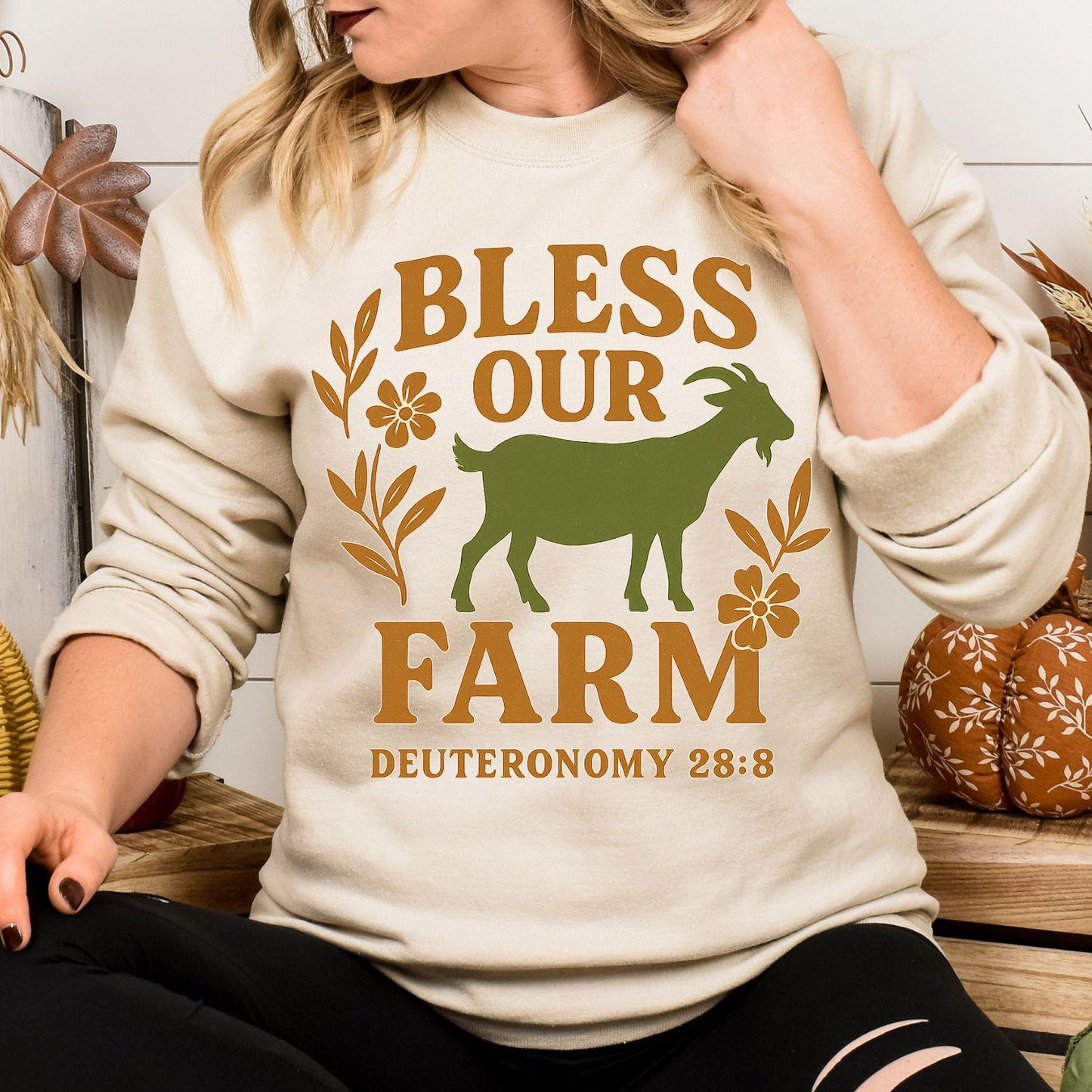 Bless Our Farm Sweatshirt | Rustic Goat and Floral Christian Pullover | Faith-Based Country Living Apparel, Goat farm shirt, Womens goat top
