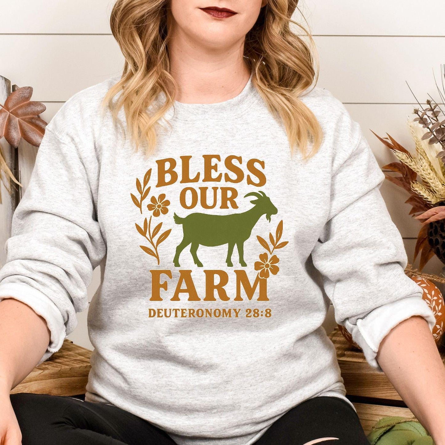 Bless Our Farm Sweatshirt | Rustic Goat and Floral Christian Pullover | Faith-Based Country Living Apparel, Goat farm shirt, Womens goat top