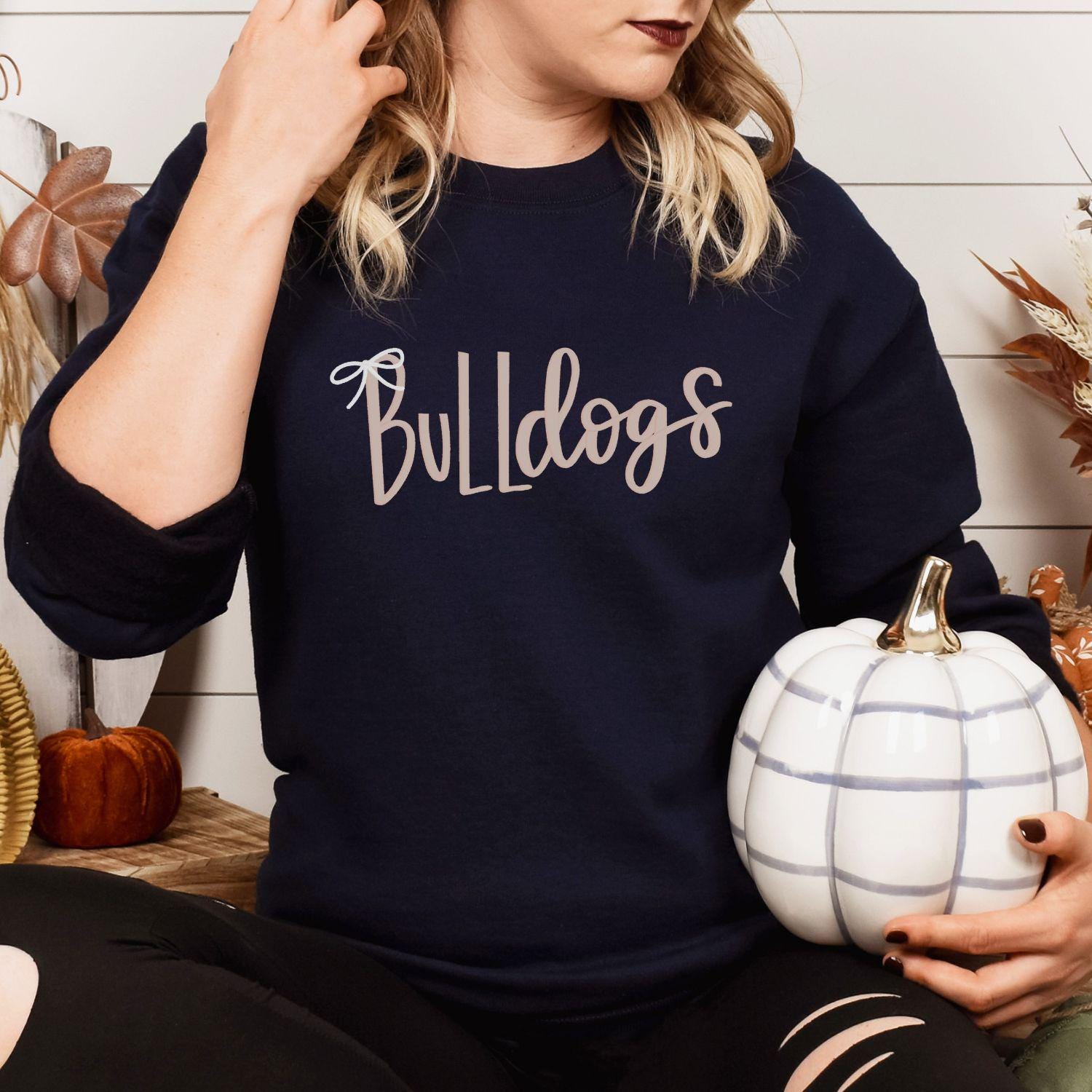 Bulldogs Embroidery Sweatshirt | Cozy Script Lettering with Bow Accent | Game Day School Spirit Crewneck | Gift for Dog Lovers