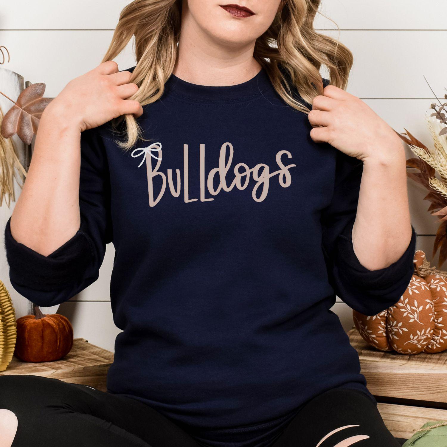 Bulldogs Embroidery Sweatshirt | Cozy Script Lettering with Bow Accent | Game Day School Spirit Crewneck | Gift for Dog Lovers