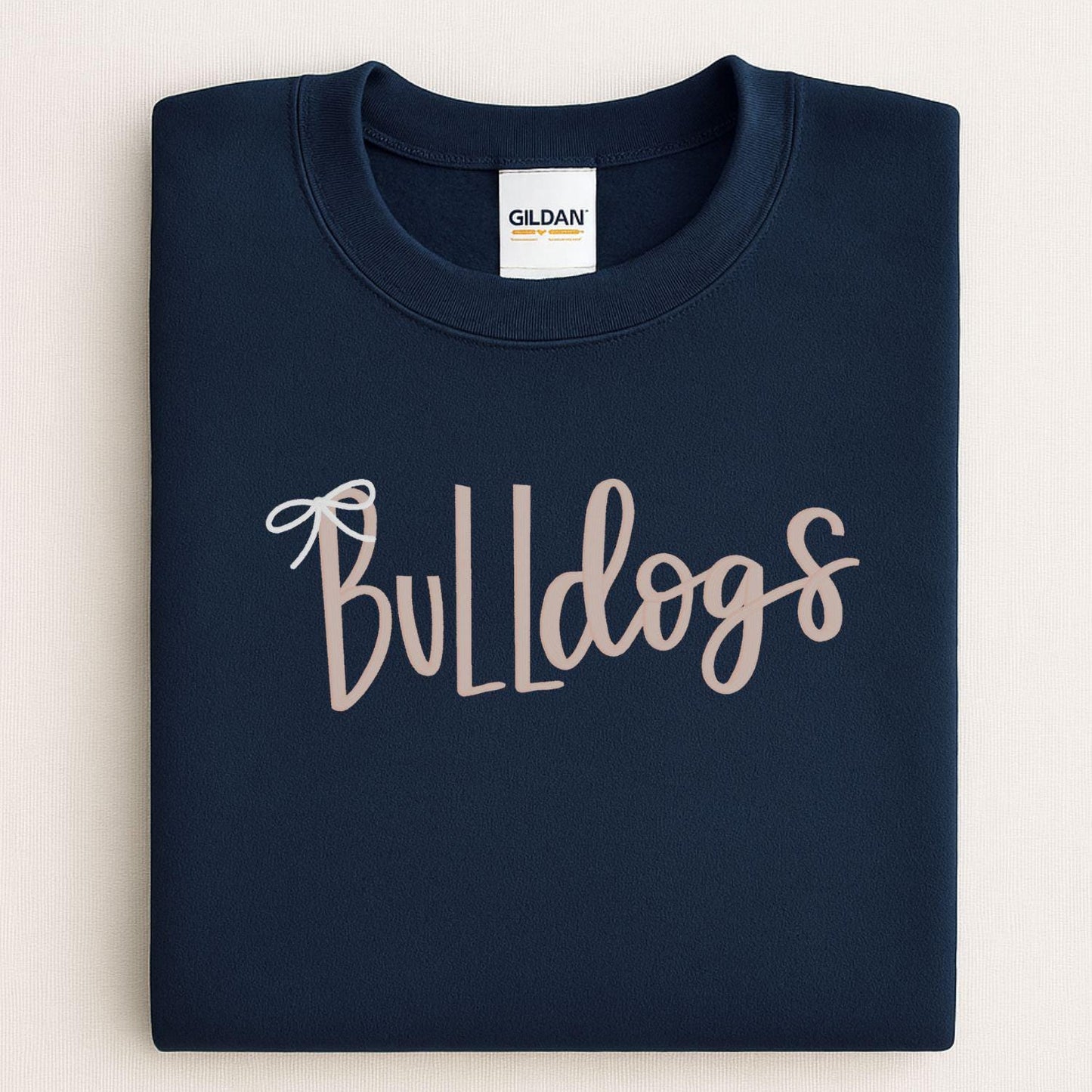Bulldogs Embroidery Sweatshirt | Cozy Script Lettering with Bow Accent | Game Day School Spirit Crewneck | Gift for Dog Lovers