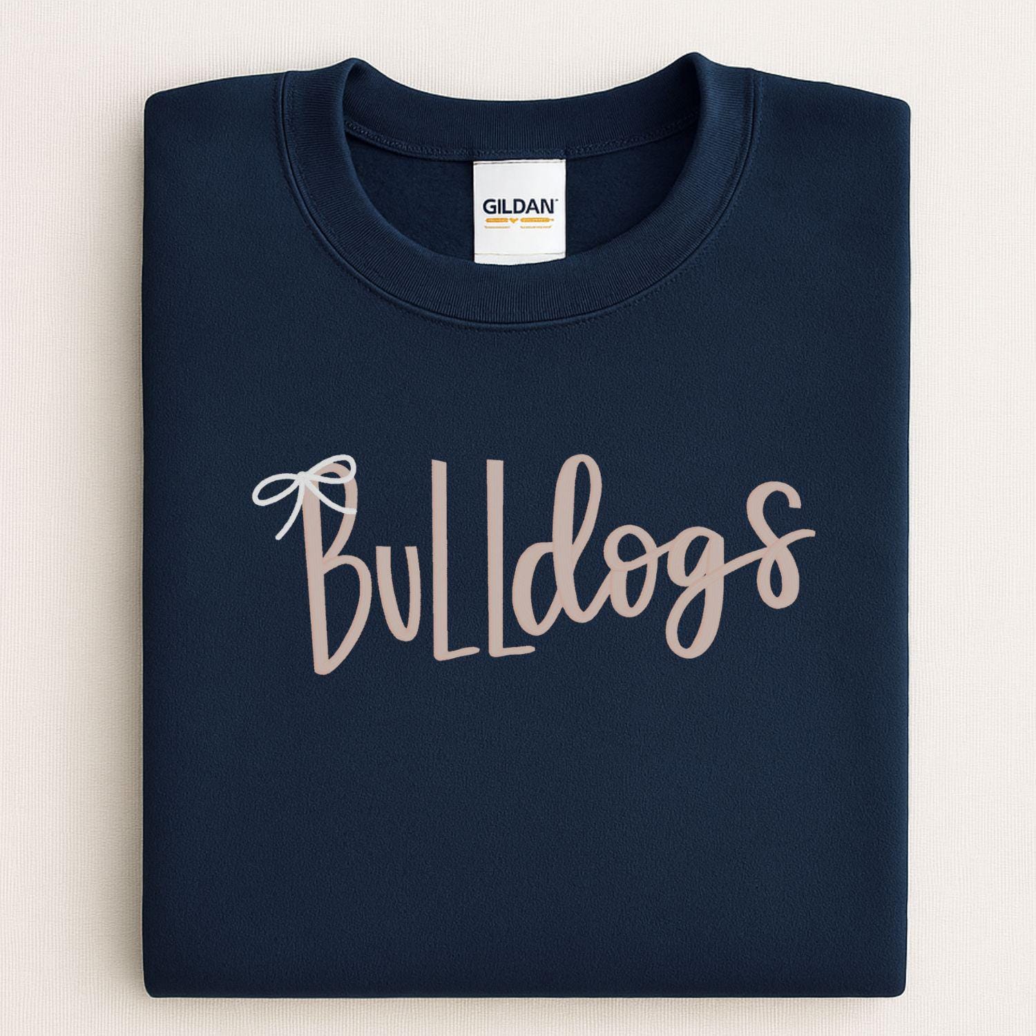 Bulldogs Embroidery Sweatshirt | Cozy Script Lettering with Bow Accent | Game Day School Spirit Crewneck | Gift for Dog Lovers
