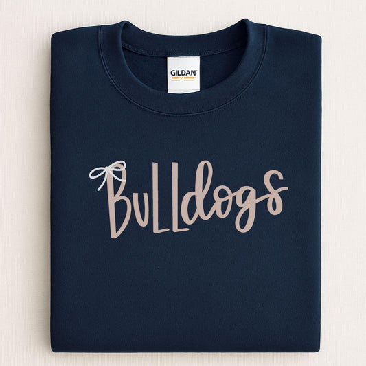 Bulldogs Embroidery Sweatshirt | Cozy Script Lettering with Bow Accent | Game Day School Spirit Crewneck | Gift for Dog Lovers