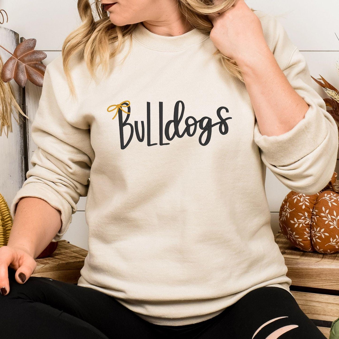Bulldogs Embroidery Sweatshirt | Cozy Script Lettering with Bow Accent | Game Day School Spirit Crewneck | Gift for Dog Lovers