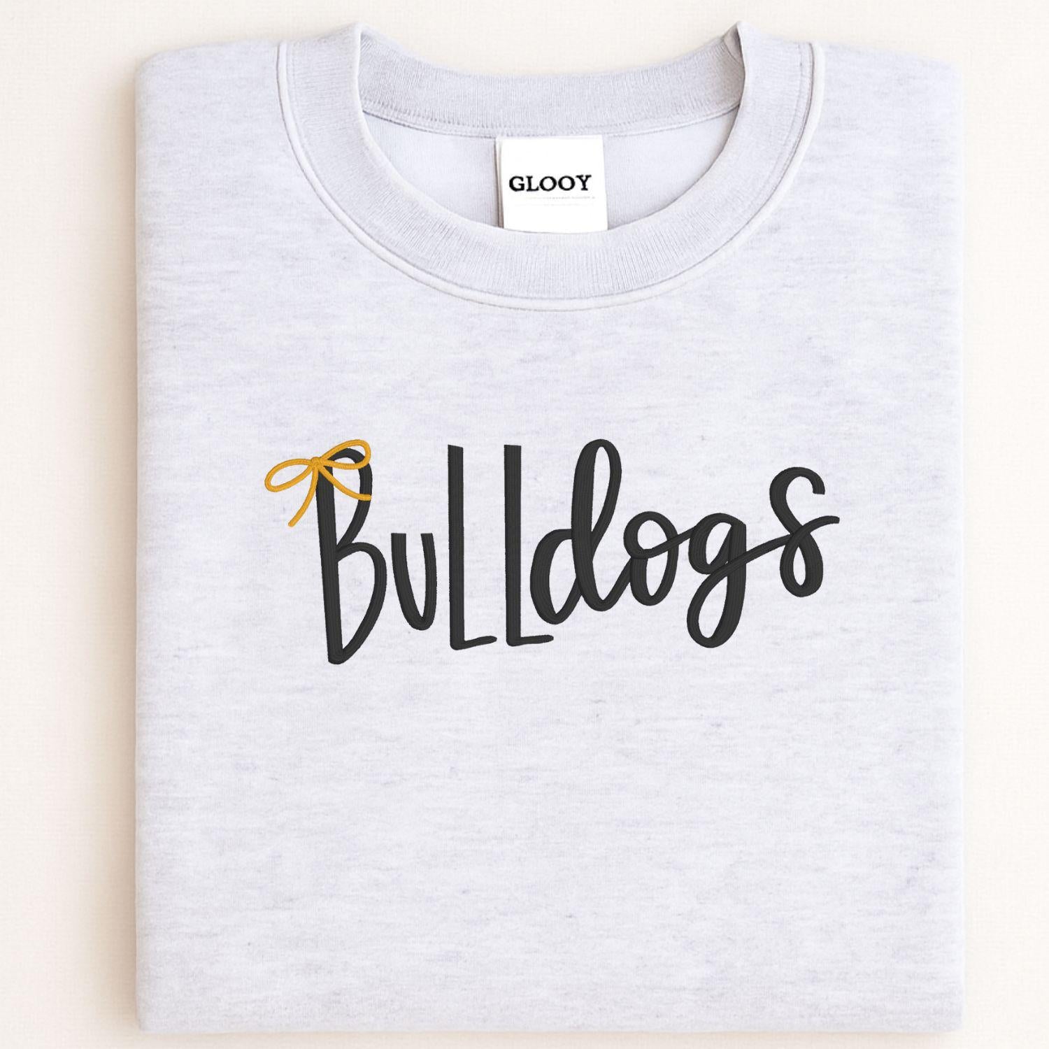 Bulldogs Embroidery Sweatshirt | Cozy Script Lettering with Bow Accent | Game Day School Spirit Crewneck | Gift for Dog Lovers