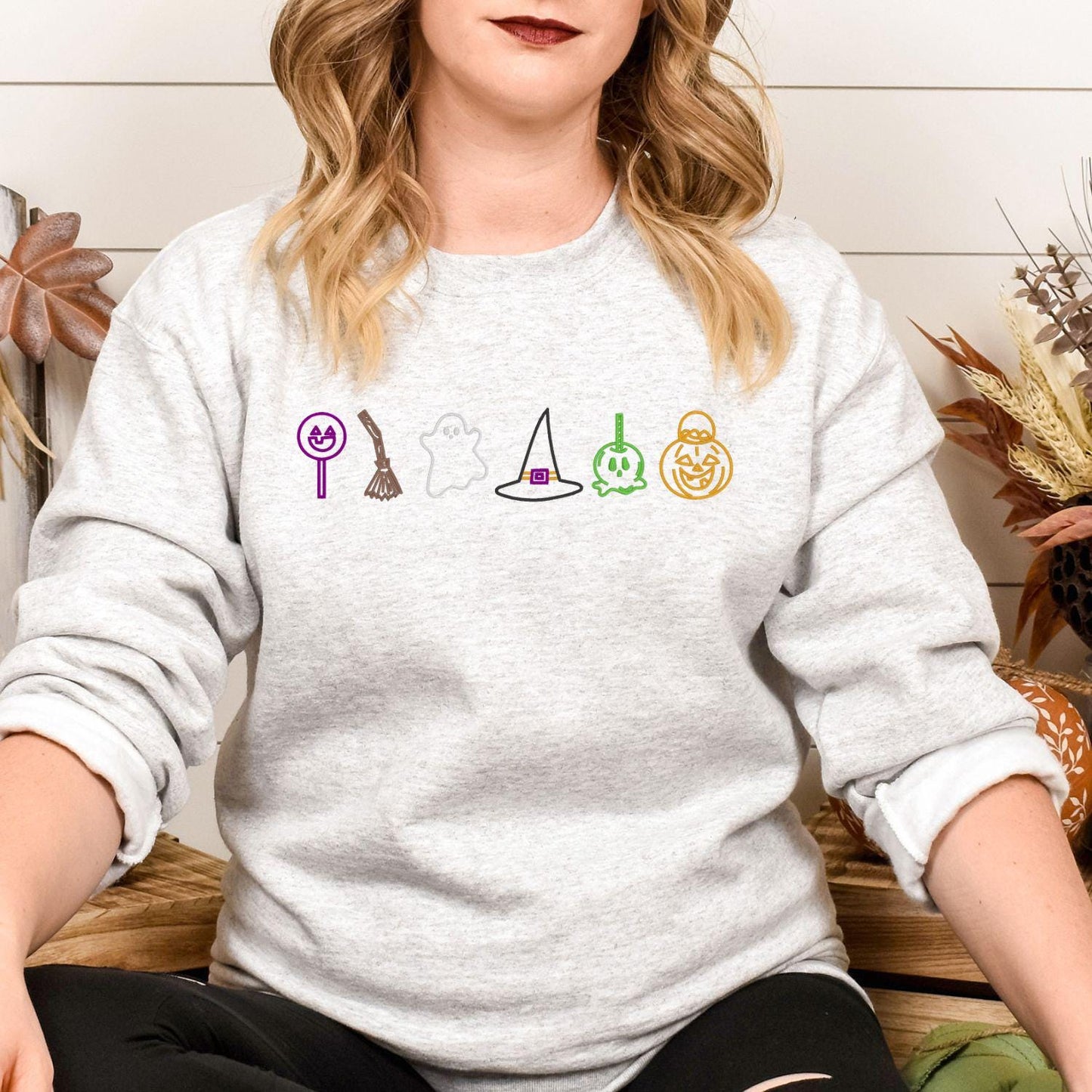 Halloween Candy Ghost Witch Hat Pumpkin Sweatshirt – Cute Fall Embroidery Shirt – Cozy Autumn Crewneck for Spooky Season
