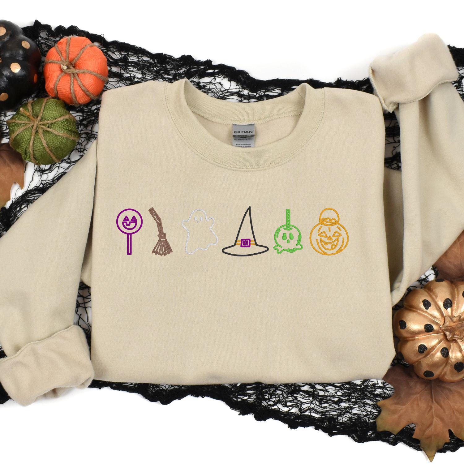 Halloween Candy Ghost Witch Hat Pumpkin Sweatshirt – Cute Fall Embroidery Shirt – Cozy Autumn Crewneck for Spooky Season