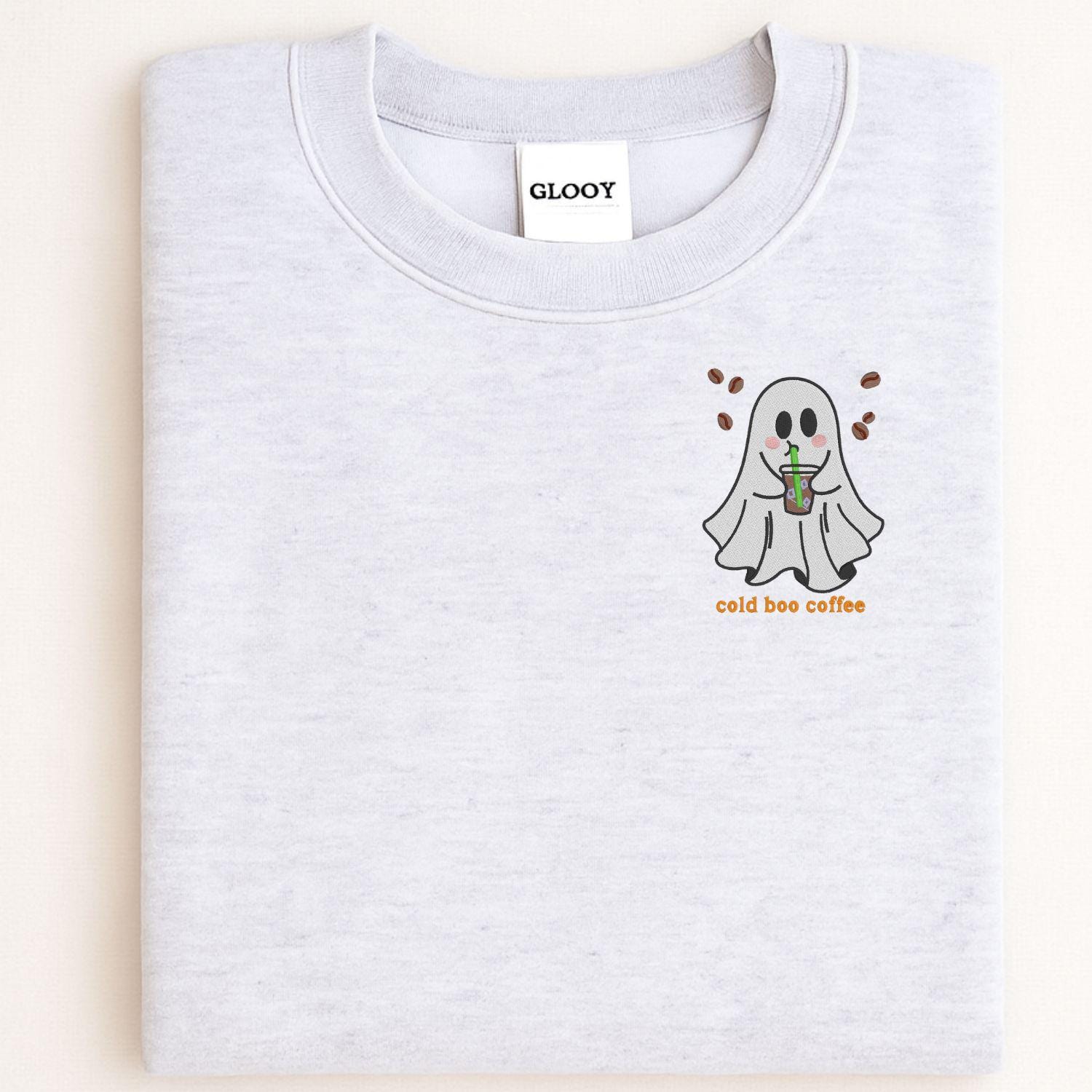Cold Boo Coffee Ghost Embroidery Sweatshirt | Halloween Fall Coffee Lover Shirt | Spooky Cute Ghost Crewneck | Cozy Autumn Pullover