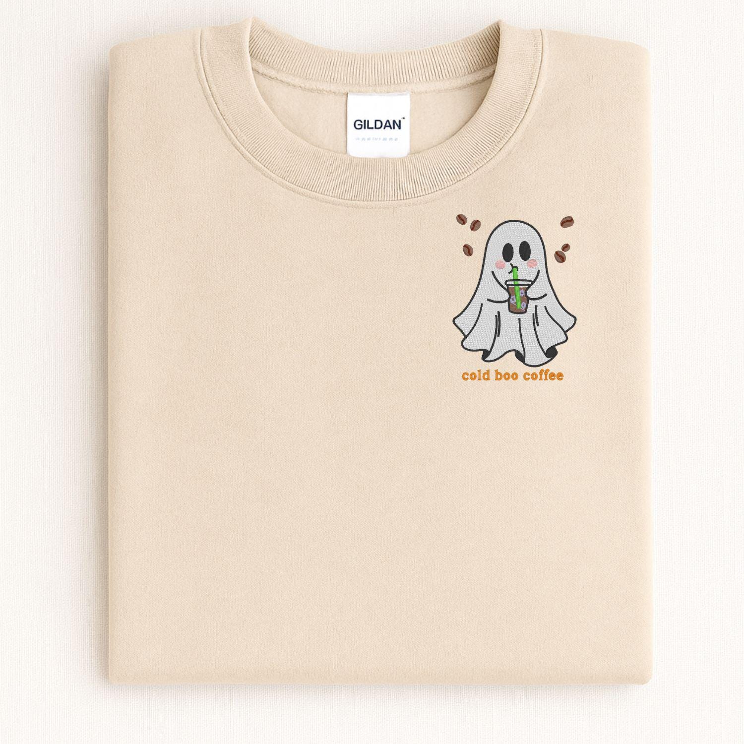 Cold Boo Coffee Ghost Embroidery Sweatshirt | Halloween Fall Coffee Lover Shirt | Spooky Cute Ghost Crewneck | Cozy Autumn Pullover