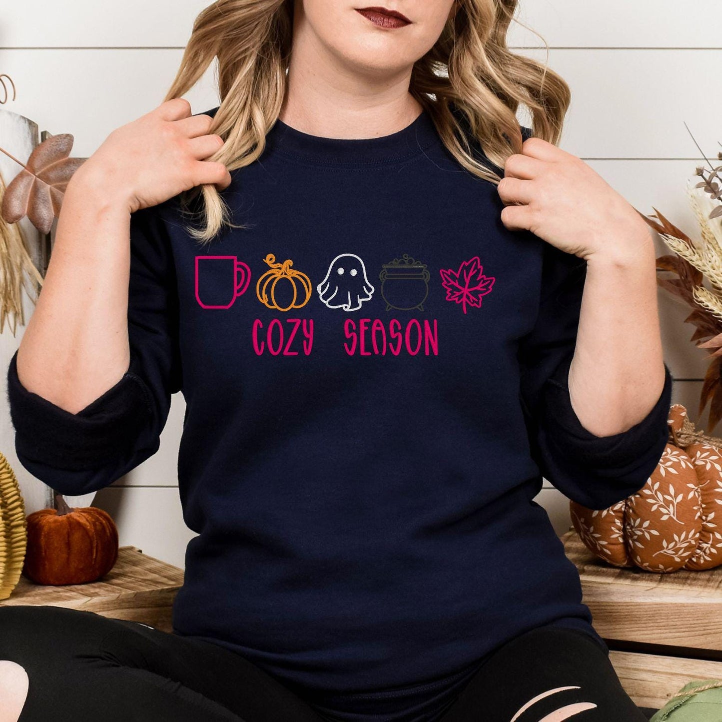 Cozy Season Embroidery Sweatshirt | Fall Pumpkin Ghost Leaf Coffee Sweater | Autumn Halloween Cozy Vibes Pullover for Women
