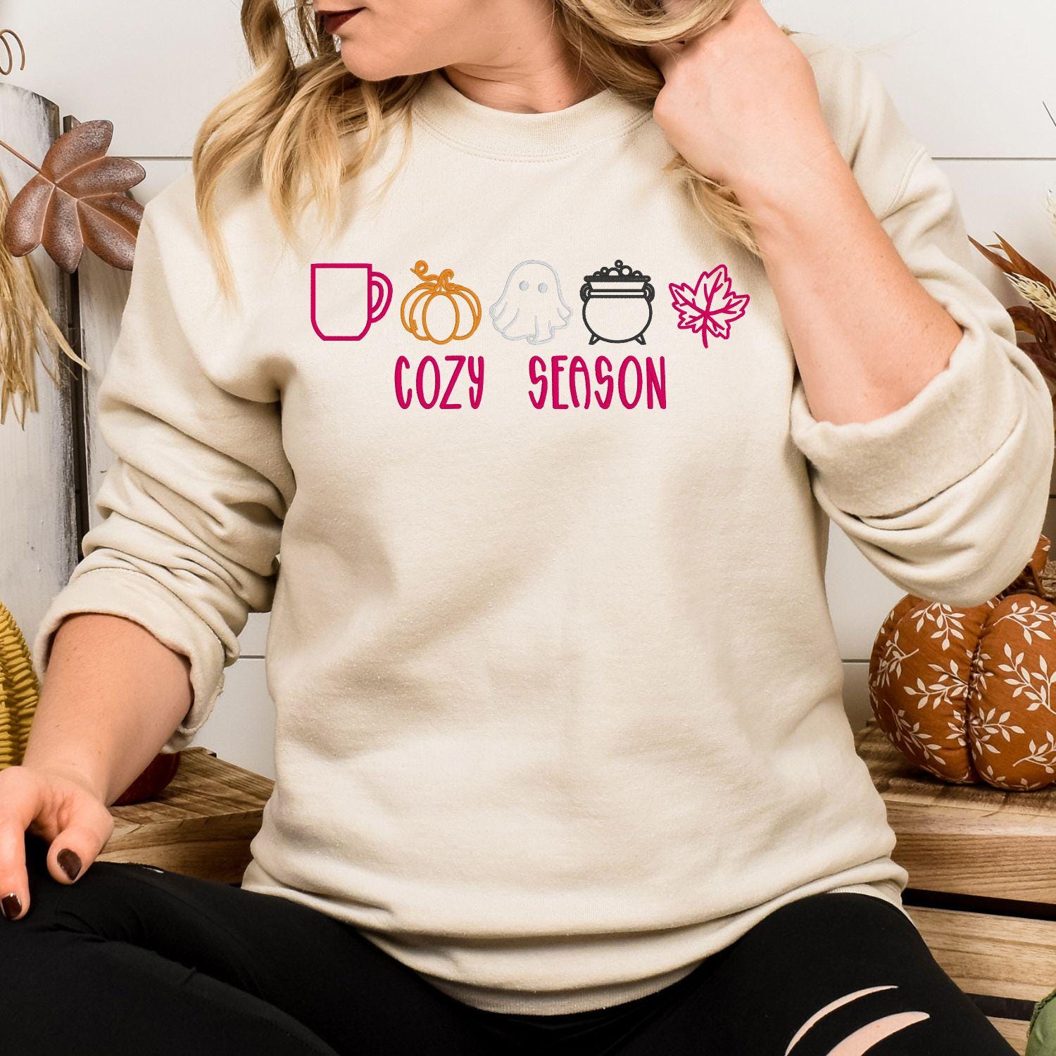 Cozy Season Embroidery Sweatshirt | Fall Pumpkin Ghost Leaf Coffee Sweater | Autumn Halloween Cozy Vibes Pullover for Women