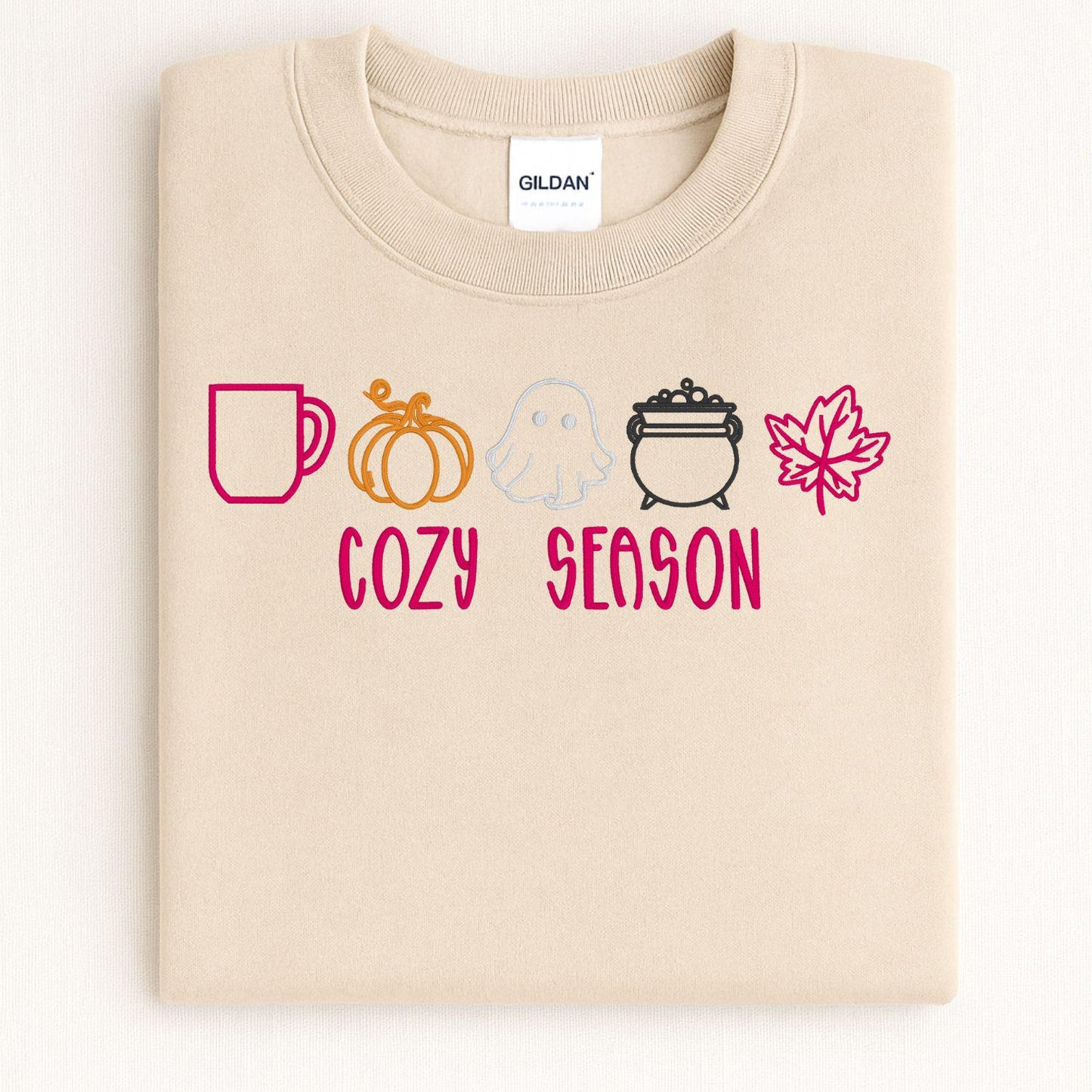 Cozy Season Embroidery Sweatshirt | Fall Pumpkin Ghost Leaf Coffee Sweater | Autumn Halloween Cozy Vibes Pullover for Women