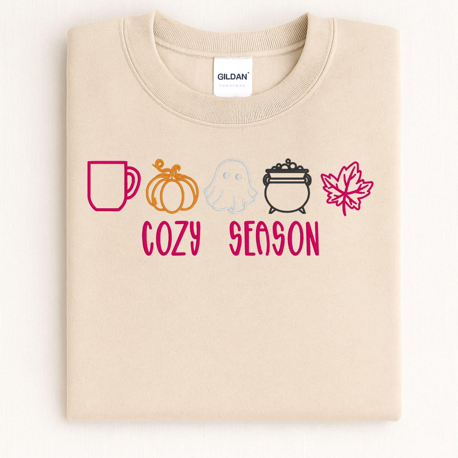 Cozy Season Embroidery Sweatshirt | Fall Pumpkin Ghost Leaf Coffee Sweater | Autumn Halloween Cozy Vibes Pullover for Women