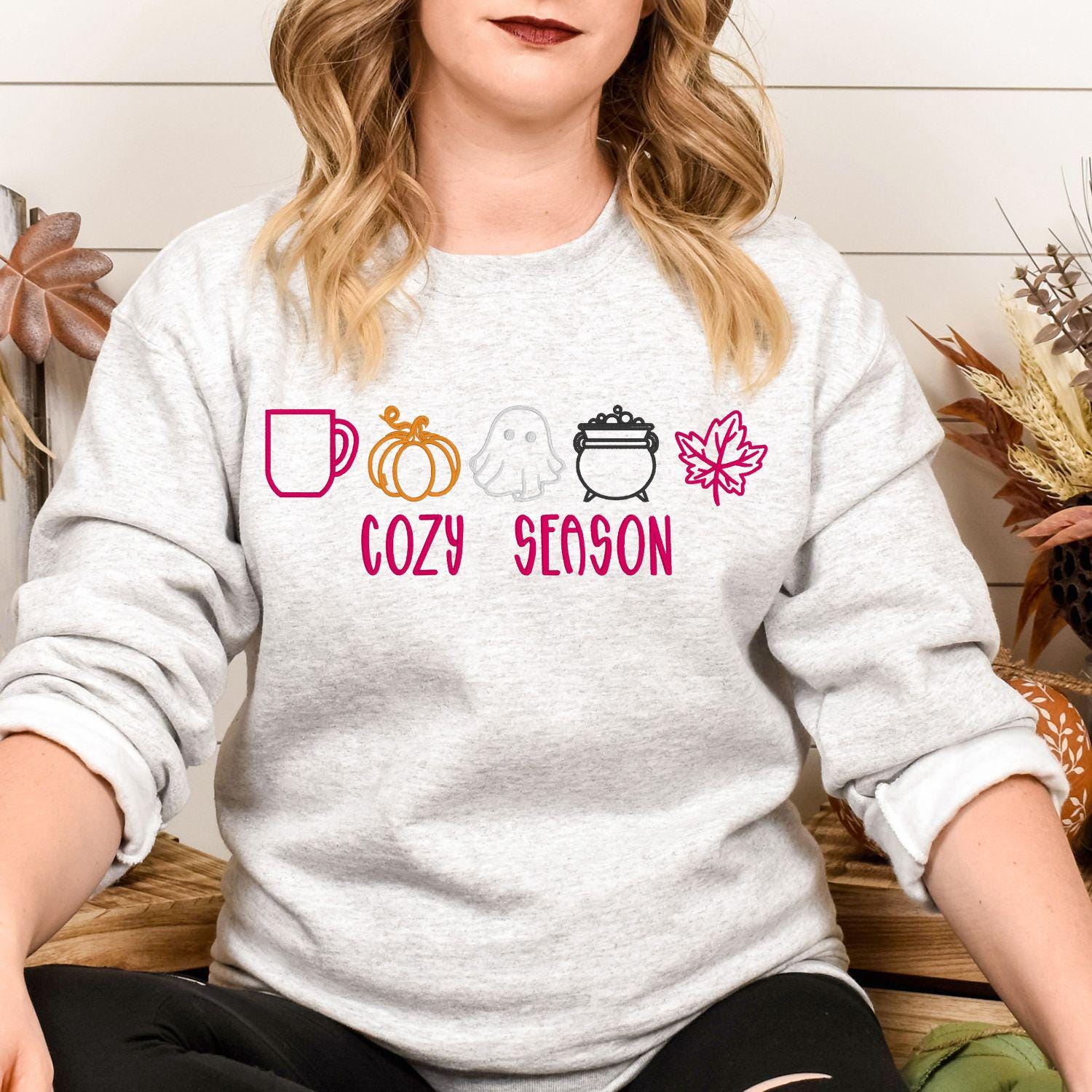 Cozy Season Embroidery Sweatshirt | Fall Pumpkin Ghost Leaf Coffee Sweater | Autumn Halloween Cozy Vibes Pullover for Women