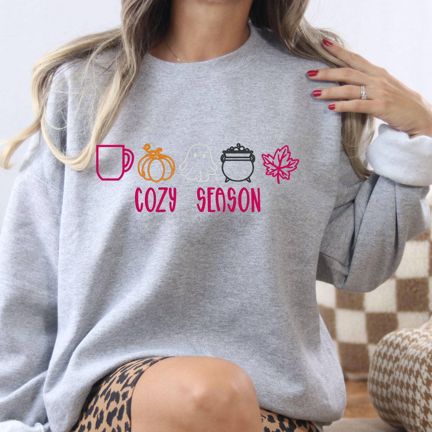 Cozy Season Embroidery Sweatshirt | Fall Pumpkin Ghost Leaf Coffee Sweater | Autumn Halloween Cozy Vibes Pullover for Women