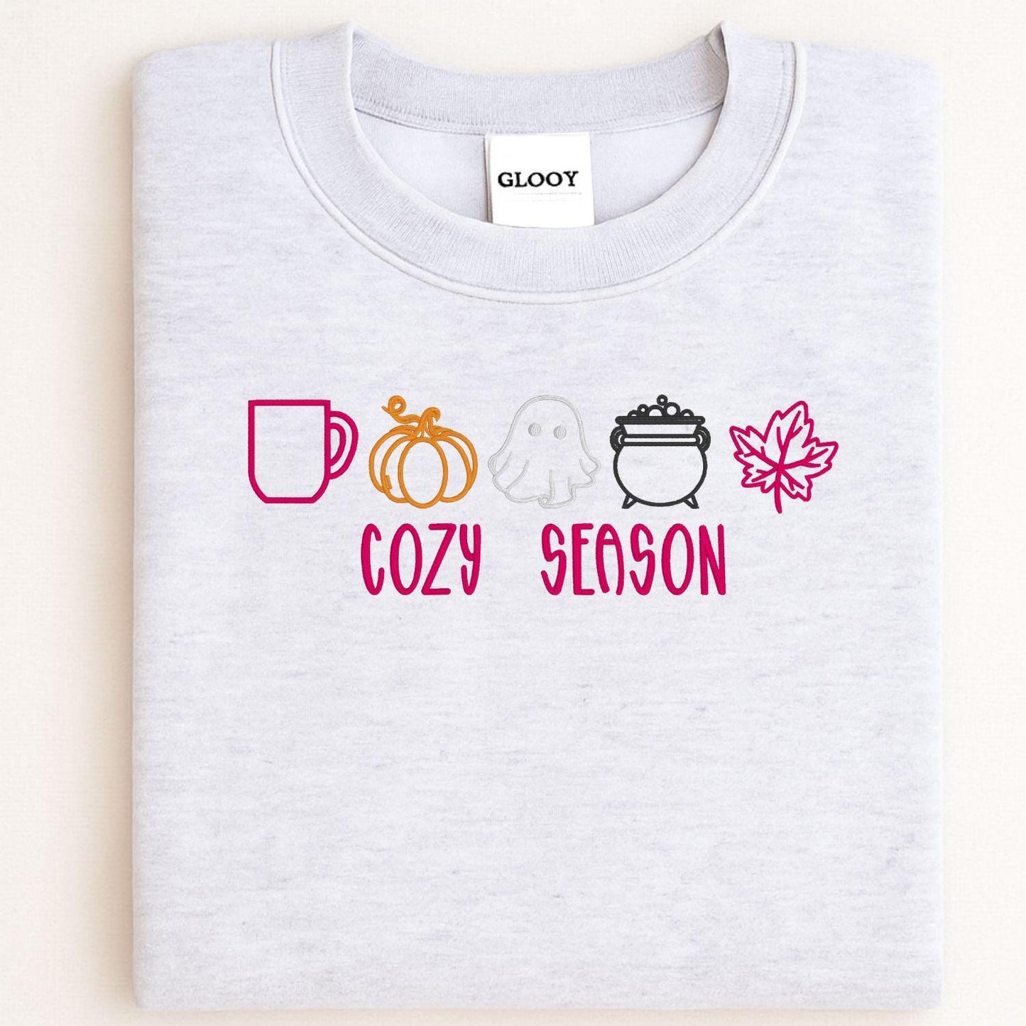 Cozy Season Embroidery Sweatshirt | Fall Pumpkin Ghost Leaf Coffee Sweater | Autumn Halloween Cozy Vibes Pullover for Women